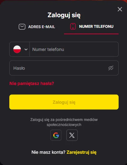 Ekran logowania do konta gracza